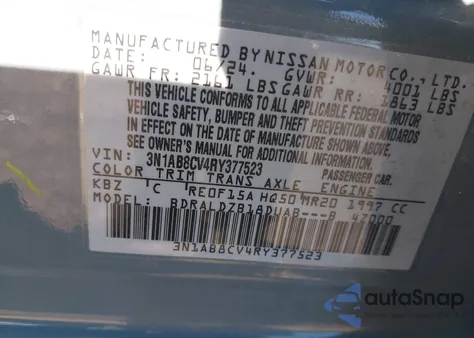 2024 Nissan Sentra Sv Xtronic Cvt z USA, uszkodzony, nr VIN 3N1AB8CV4RY377523